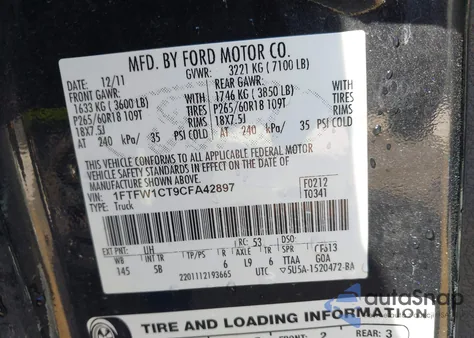 2012 Ford F-150 Fx2 from USA, damaged, VIN 1FTFW1CT9CFA42897